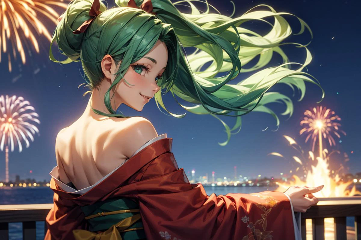 1girl, kimono, from behind, off shoulder, shoulder blades, outdoors, night, fire works, seductive smile, looking at viewer, ponytail, green hair ribbon, best quality, masterpiece, (realistic:0.8), detailed face, beautiful eyes, <lora:OffShoulderKimono:0.8>, <lora:more_details:0.6>
