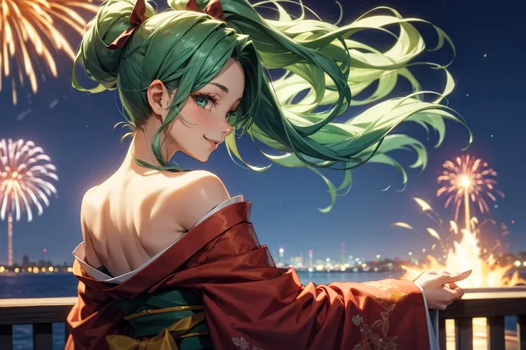 1girl, kimono, from behind, off shoulder, shoulder blades, outdoors, night, fire works, seductive smile, looking at viewer, ponytail, green hair ribbon, best quality, masterpiece, (realistic:0.8), detailed face, beautiful eyes, <lora:OffShoulderKimono:0.8>,  <lora:more_details:0.6>