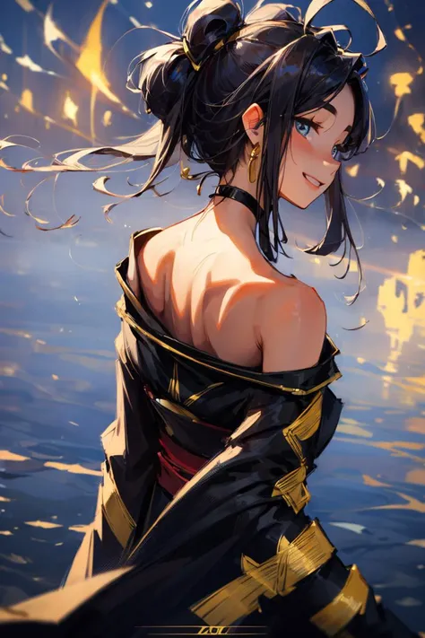 1girl, black gold kimono, from behind, off shoulder, shoulder blades, outdoors, night, fire works, seductive smile, looking at viewer, ponytail, onyx black hair, gold ribbon, best quality, masterpiece, (realistic:0.8), detailed face, beautiful eyes, <lora:OffShoulderKimono:0.9> <lora:Ink_Painting:0.8>, <lora:more_details:0.6>