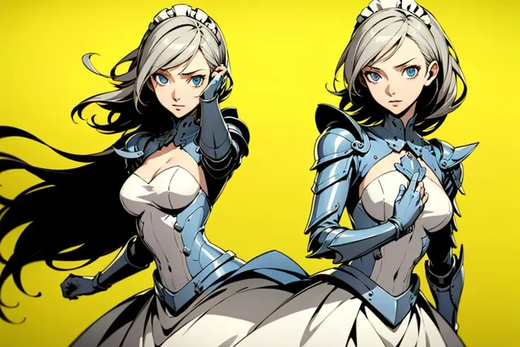 best quality, masterpiece, 1 girl, Silver hair, blue eyes, dress armor, small breasts, maid, look away, yellow background, <lora:flat2:-0.3>, <lora:persona_style:0.5>