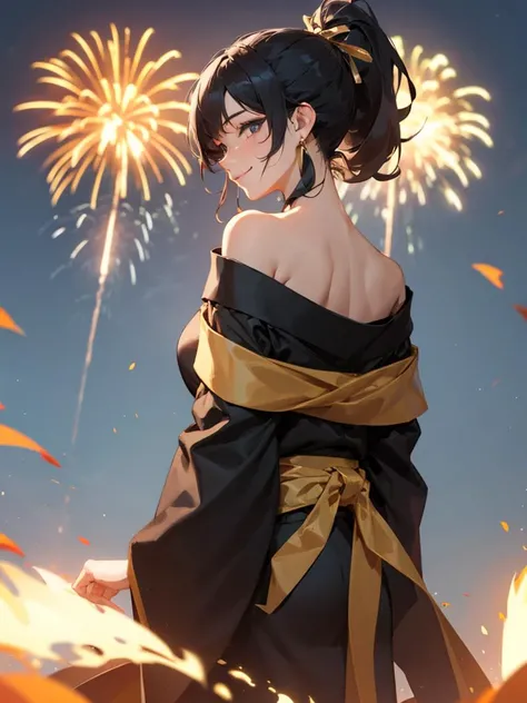 1girl, black gold kimono, from behind, off shoulder, shoulder blades, outdoors, night, fire works, seductive smile, looking at viewer, ponytail, onyx black hair, gold ribbon, best quality, masterpiece, (realistic:0.8), detailed face, beautiful eyes, <lora:OffShoulderKimono:0.9>