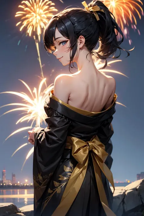 1girl, black gold kimono, from behind, off shoulder, shoulder blades, outdoors, night, fire works, seductive smile, looking at viewer, ponytail, onyx black hair, gold ribbon, best quality, masterpiece, (realistic:0.8), detailed face, beautiful eyes, <lora:OffShoulderKimono:0.9>, <lora:more_details:0.6>