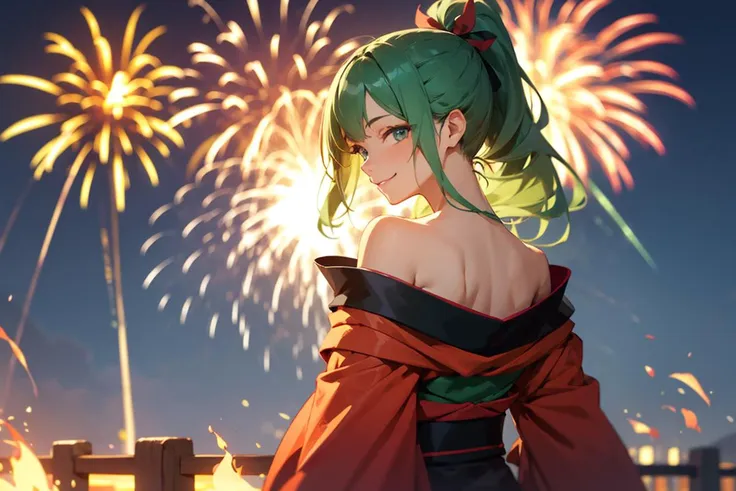 1girl, kimono, from behind, off shoulder, shoulder blades, outdoors, night, fire works, seductive smile, looking at viewer, ponytail, green hair ribbon, best quality, masterpiece, (realistic:0.8), detailed face, beautiful eyes, <lora:OffShoulderKimono:0.8>