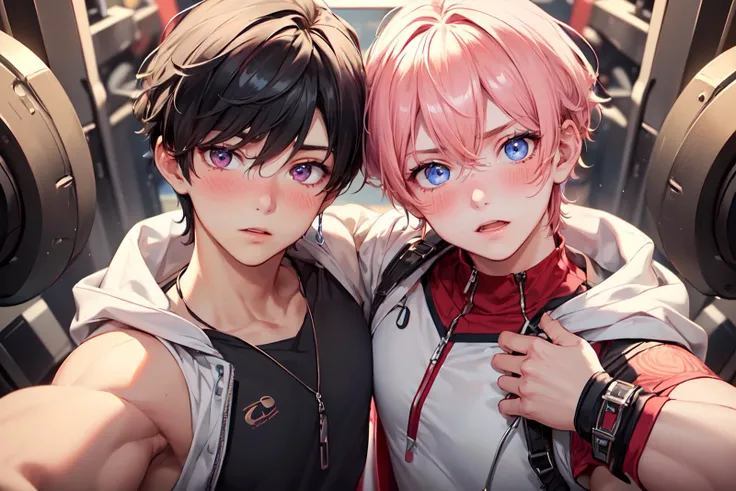 ((masterpiece)), ((best quality:1.2)), High Resolution, 8k, (2boys, muscle :1.6), ,  (2 men:1.2), sharp focus, highly detailed, (twins:1.4) standing next to each other, model pose, serious, iray shaders, tank-top, summer clothes, patterned jacket, bracelets, modern attire, intricate background, global illumination, (subsurface scattering), (area light, soft light), , expressions, expressive hair, expressive clothes, expressive eyes, hairs styles, fashion,
<lora:add_detail:0.5>( bulges touching, blush, pectoral_press , yaoi :1.6)