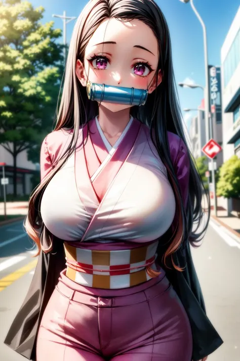 (best quality:1.2), 1girl, (masterpiece:1.2), raytracing, cute face, perfect face, ultra detailed,detailed face, 8k wallpaper, (wide hips:0.8), <lora:more_details:0.5>, KamadoNezuko_NDV, 1girl, black hair, pink eyes, two-tone hair, japanese clothes, kimono, gag, sash, (gagged:1.2),  <lora:KamadoNezuko_NDV:0.7>, outdoor, large breasts