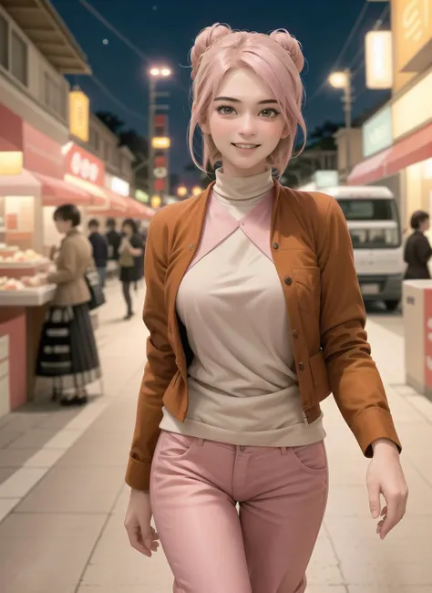 anime artwork photography of a salsabilakhlq, ((Teasing, A playful smirk, a raised eyebrow, and a hint of dominance.)), detailed skin, ((brunette hair), (Space Buns Hairstyle:1.2)), (((Suede_jacket:1.5),(Wide-leg_pants:1.4),(Ankle_boots:1.3),(City_night_lights_background:1.3))). ((street market, vibrant stalls, aromatic street food, bustling)), ((dynamic poses)), ((upper body:1.2)), taken with Fujifilm X-T3 with 50mm f1.5 lens, pink pastel colored theme in style of wes anderson, <lora:PAseer-SD15-LCM Quick:1> <lora:skinny_new_skin:.4> <lora:IDG_-_Salsabila_Kholiq:1> . anime style, key visual, vibrant, studio anime, highly detailed