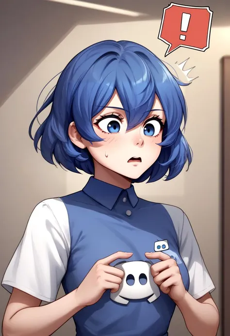 score_9, score_8_up, score_7_up, source_anime, 1girl, dcchan, <lora:DCchanXLPD:1>, short hair, blue hair, ping, !, spoken exclamation mark,