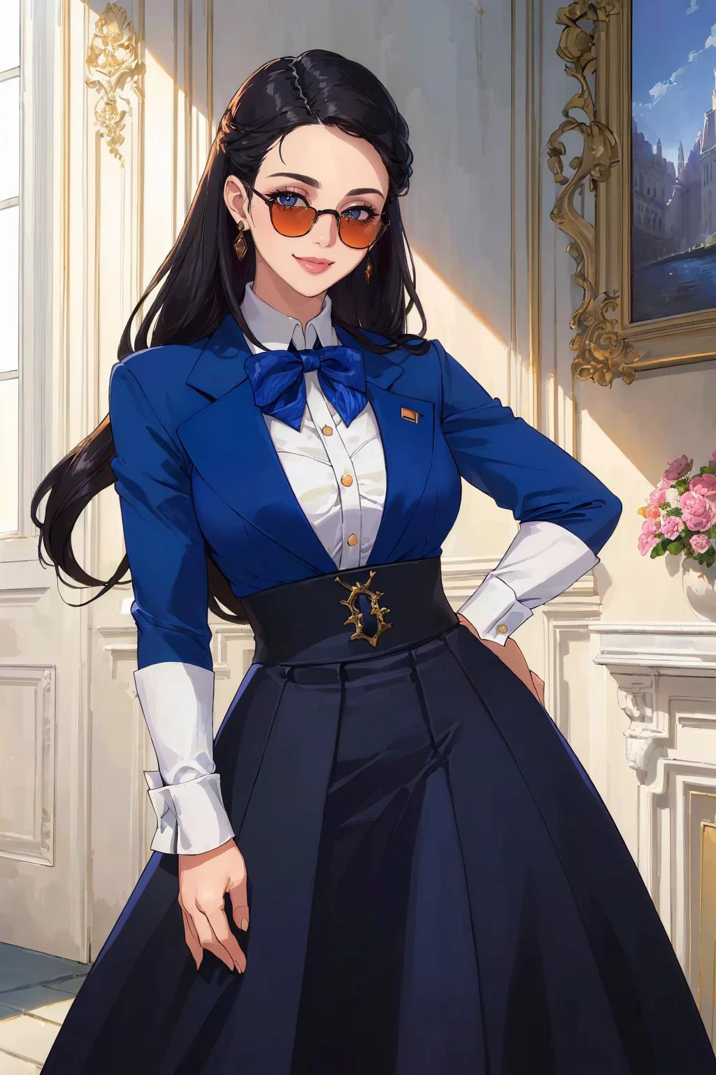 ((Masterpiece, best quality,edgQuality,photorealistic, hyper realistic)),smile--,
Haute_Couture, designer edgHC_dress with set of edgPreppy clothes,
a woman wearing a blue top, skirt, sunglasses
<lora:edgLycorisPreppy:1>