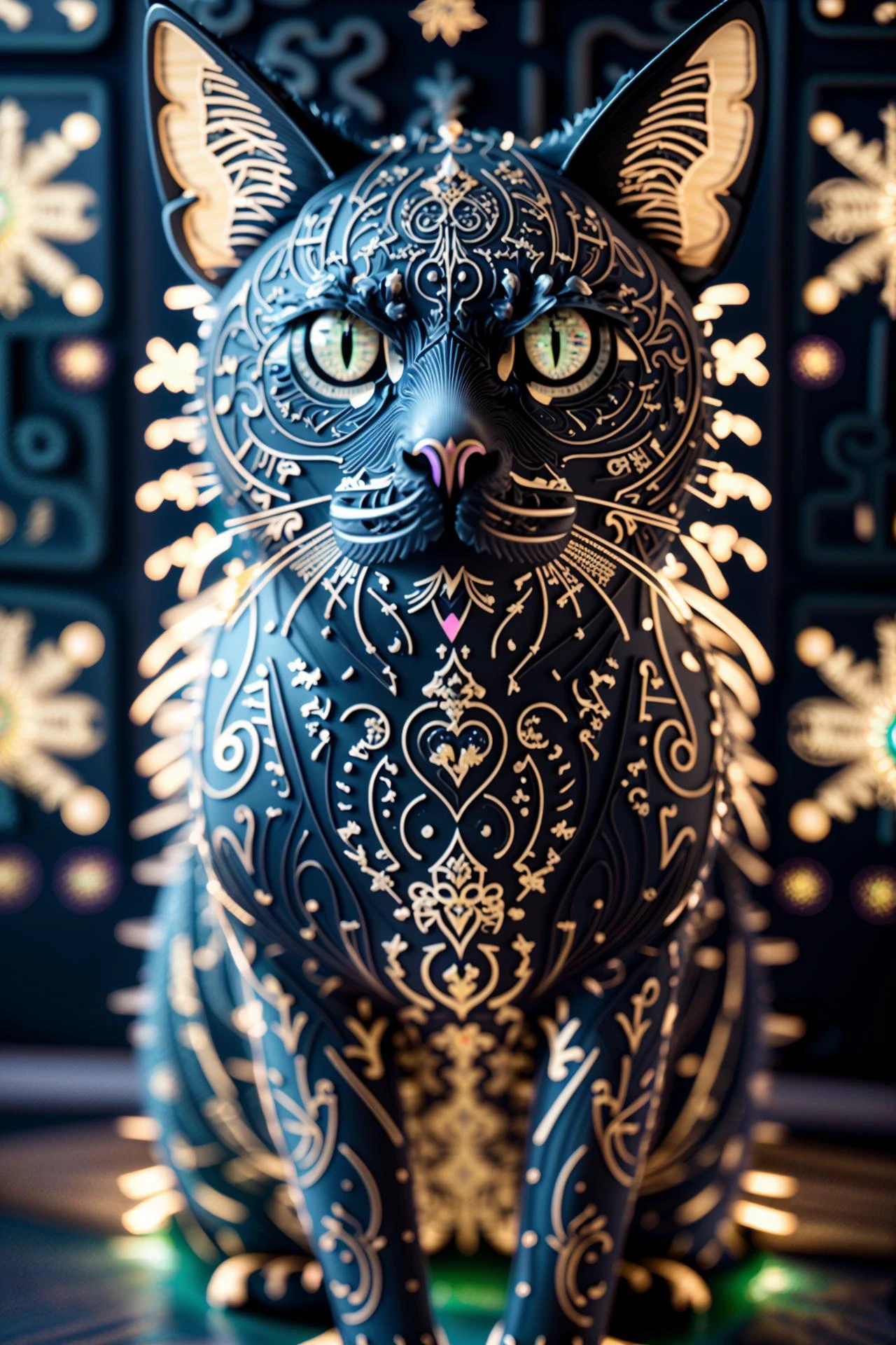 closeup shot, (wearing edgCarnival Haute_Couture:1.4), designer dress, dress, masterpiece, best quality, 3l3ctronics, (((a cat made out of PCB traces))), capistors, trending on Artstation, deep color, Unreal Engine, volumetric lighting, <lora:edgLycorisCarnival:1.5> <lora:epoxy_skull:1.4>