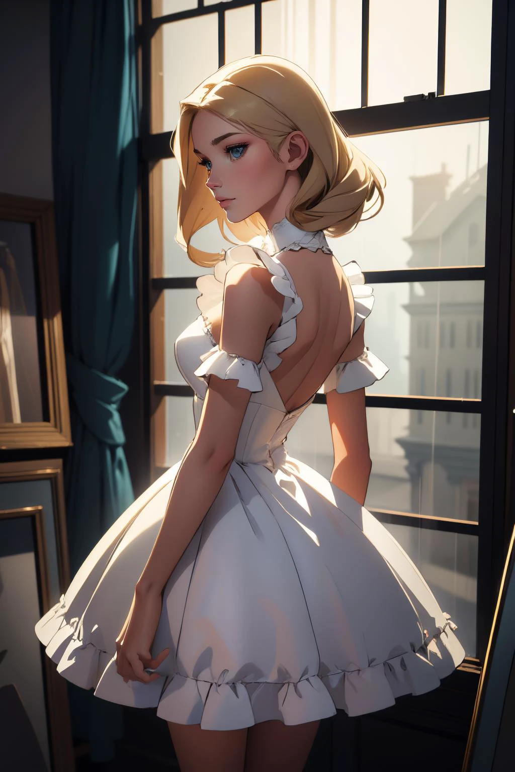 (photograph, hyperrealism, masterpiece, 8k:1.3), 1girl, Togolese, slender, nsfw, bob hair, blonde, hungry, Rainy Window Lighting, Soft, diffused light through raindrops on a window, creating a cozy and intimate mood, trending on Pinterest, concept art, shot by irving penn, straight-on, <lora:edgLycorisCloud:0.85>, Haute_Couture, edgCloud, wearing a Haute_Couture edgHC_dress made of clouds