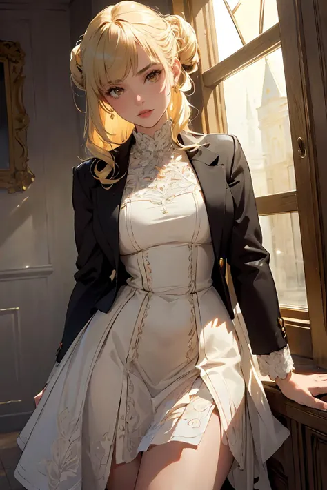 (masterpiece, best quality, highres, high resolution:1.2), extremely detailed, intricate details, 1girl, solo, looking at viewer, clamPenny, <lora:clamPenny:0.6>, <lora:edgLycorisPreppy:0.8> Haute_Couture, designer edgHC_dress with set of edgPreppy clothes, jacket, swept bangs, tousled updo, blonde hair, brown eyes, perfect lighting, (cinematic lighting, bloom, volumetric),