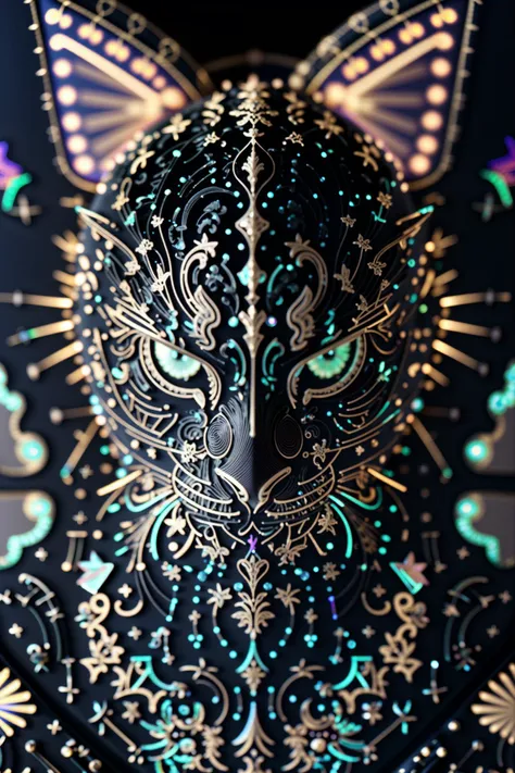 closeup shot, (wearing edgCarnival Haute_Couture:1.4), designer dress, dress, masterpiece, best quality, 3l3ctronics, (((a cat made out of PCB traces))), capistors, trending on Artstation, deep color, Unreal Engine, volumetric lighting, <lora:edgLycorisCarnival:1.5> <lora:epoxy_skull:1.4>