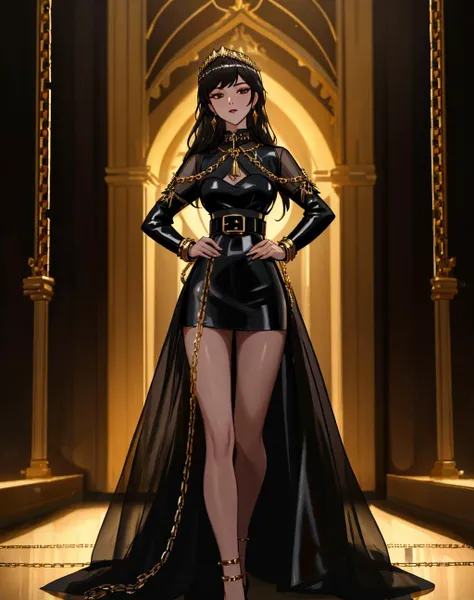 solo,1girl,4K, Masterpiece, highres, absurdres,
edgNoire,Haute_Couture, ([see through designer dress| in a black dress ]::0.55),(golden embroidery,golden chains, leather belt:1.2) , woman wearing a [edgNoire|Haute_Couture]_(sheer black dress), front view, fashion show background 
 <lora:edgLycorisNoire:0.7>