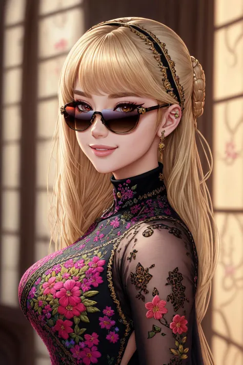 Masterpiece, absurdres, fine detail, HDR, highly detailed face and eyes, anime drawing, solo,1girl,smiling
sexy_attire,Haute_Couture, Blonde Nadia with sunglasses and a choker,wearing a [Haute_Couture|sexy_attire]_([designer dress|(((turtleneck)))]:1.15),embroidery, floral
 <lora:SexyCouture:0.88> <lora:Nadia:0.3>