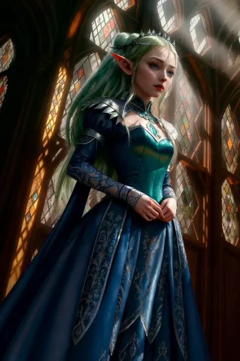 (dutch angle:1.4) edgCoquine,Haute_Couture elf elven queen armored dark castle interior horror bright morning sunlight shining in from archways f1.8 200mm (zrpgstyle) (masterpiece:1.2) (bokeh:1.2) (best quality:1.2) (detailed:1.3) (intricate:1.3) (8k) (HDR) (cinematic lighting) (sharp focus) <lyco:CoquineCouture:1>