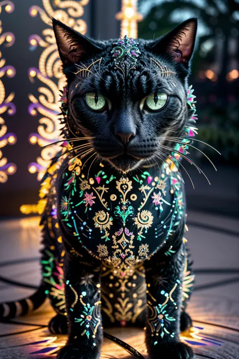 closeup shot, (wearing edgCarnival Haute_Couture:1.4), designer dress, dress, masterpiece, best quality, 3l3ctronics, (((a cat made out of PCB traces))), capistors, trending on Artstation, deep color, Unreal Engine, volumetric lighting, <lora:edgLycorisCarnival:1.5> <lora:epoxy_skull:1.4>
