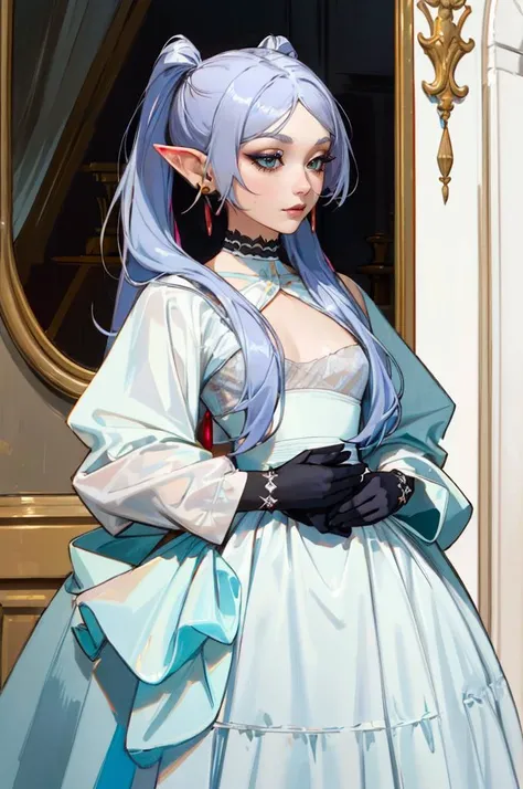 <lora:edgLycorisMugler-light:0.8> Haute_Couture, edgTM, edgTM_style fashion, eccentric clothing, Haute_Couture dress, wearing Haute_Couture dress, makeup, eyeshadow, <lora:Frieren:1> Frieren, twintails, earrings, white dress,, ultra detailed, masterpiece, best quality, aesthetic, detailed,