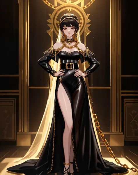 solo,1girl,4K, Masterpiece, highres, absurdres,
edgNoire,Haute_Couture, ([see through designer dress| in a black dress ]::0.55),(golden embroidery,golden chains, leather belt:1.2) , woman wearing a [edgNoire|Haute_Couture]_(sheer black dress), front view, fashion show background 
 <lora:edgLycorisNoire:0.7>