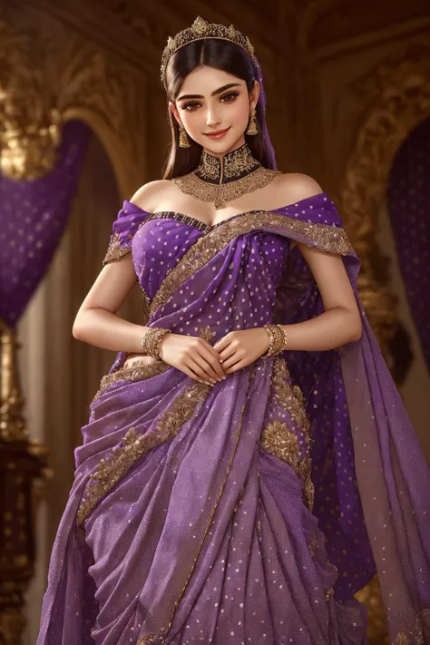 Masterpiece, absurdres, fine detail, HDR, highly detailed face and eyes, photorealistic, solo,1girl,smiling
purple fabric,wifs,(Haute_Couture:1.15), woman wearing a [Haute_Couture|wifs]_((designer dress,polka dots:1.1),(drape with embroidery:1.2)), cowboy shot
 <lora:LycorisIndien:0.85>