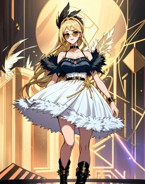 solo,1girl,4K, Masterpiece, highres, absurdres,blonde Nadia with sunglasses and a choker,
edgNoire,Haute_Couture, ([see through designer dress| in a black dress ]::0.5) , ((feathered top)) and boots, woman wearing a Haute_Couture dress, front view, fashion show background
 <lora:edgLycorisNoire:0.6><lora:Nadia:0.4>