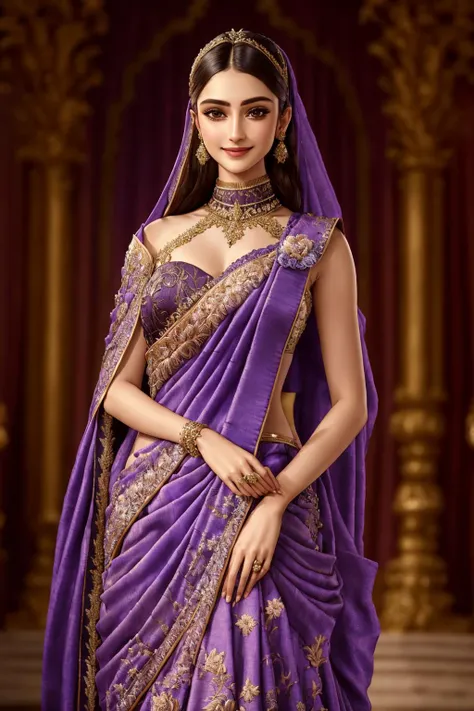 Masterpiece, absurdres, fine detail, HDR, highly detailed face and eyes, photorealistic, solo,1girl,smiling
purple fabric,wifs,(Haute_Couture:1.15), woman wearing a [Haute_Couture|wifs]_((designer dress:1.1),(drape with embroidery:1.2)), cowboy shot
 <lora:LycorisIndien:0.85>