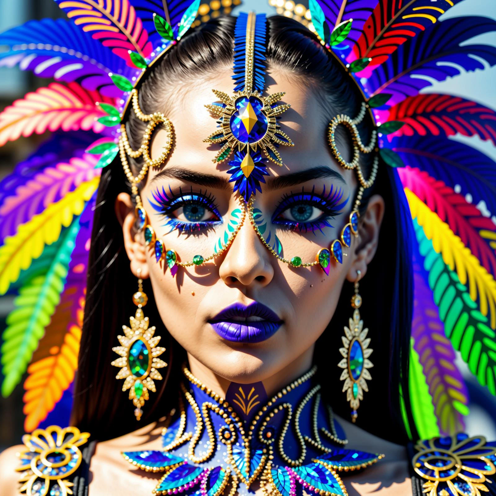center of image, symetrical, face in the middle, frontal face photoshoot, sexy eyes, sexy lips, carneval, rio, colorfull, epoxy_skull head, closeup heashot, ((Masterpiece, best quality,edgQuality)), Haute_Couture, edgCarnival, shiny dress, alien skin, alien-skinned female, wearing edgCarnival Haute_Couture, designer dress <lora:edgLycorisCarnival:1> <lora:epoxy_skull:1>