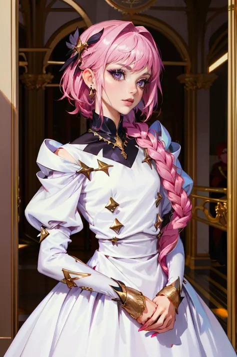 <lora:edgLycorisMugler-light:0.8> Haute_Couture, edgTM, edgTM_style fashion, eccentric clothing, Haute_Couture dress, wearing Haute_Couture dress, makeup, eyeshadow, <lora:AstolfoFate:0.5> astarmor, single braid, long braid,, ultra detailed, masterpiece, best quality, aesthetic, detailed,