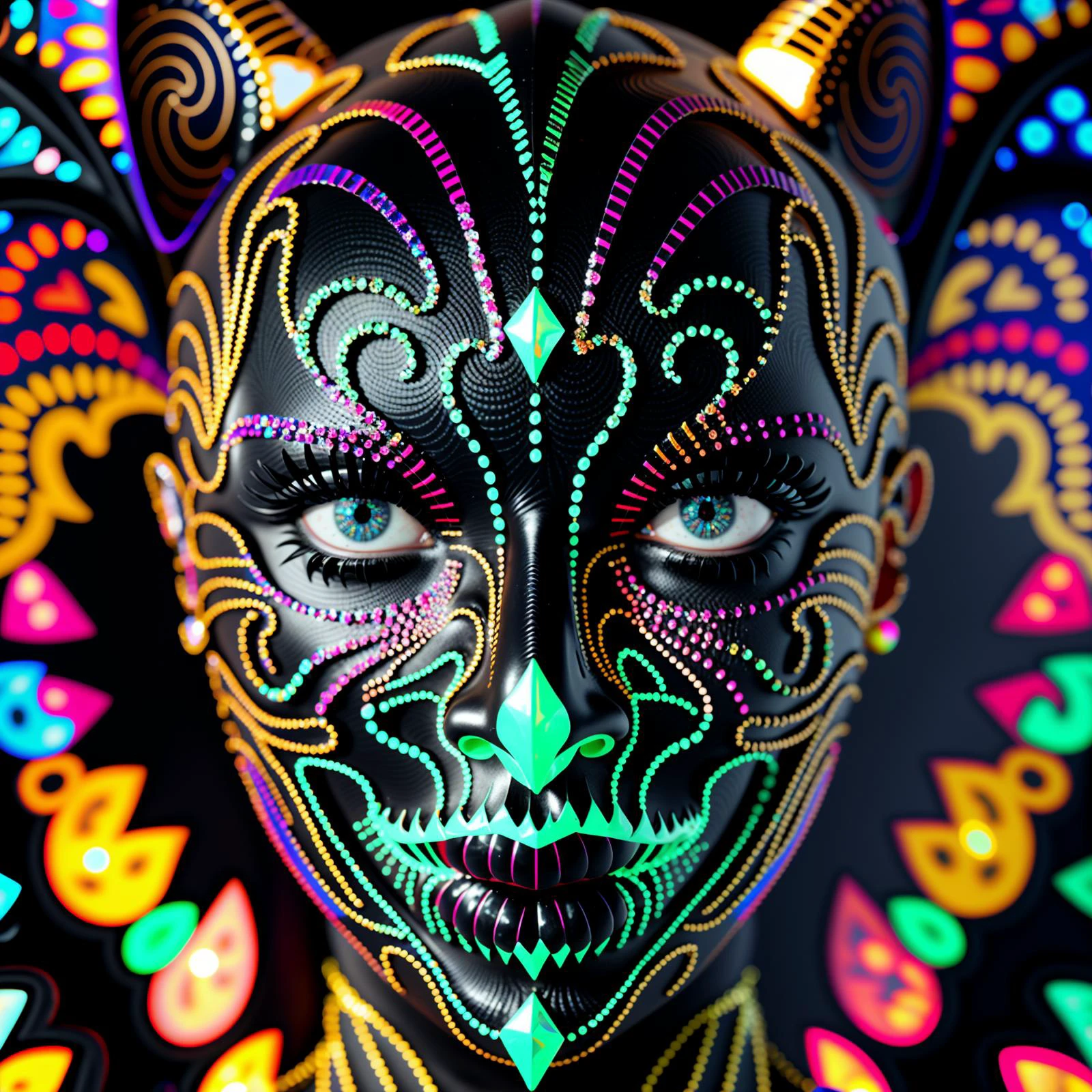 center of image, symetrical, face in the middle, frontal face photoshoot, sexy eyes, sexy lips, carneval, rio, colorfull, epoxy_skull head, closeup heashot, ((Masterpiece, best quality,edgQuality)), Haute_Couture, edgCarnival, shiny dress, alien skin, alien-skinned female, wearing edgCarnival Haute_Couture, designer dress <lora:edgLycorisCarnival:1> <lora:epoxy_skull:1>
