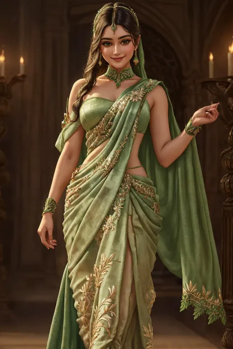 Masterpiece, absurdres, fine detail, HDR, highly detailed face and eyes, photorealistic, solo,1girl,smiling
green fabric,wifs,(Haute_Couture:1.15), woman wearing a [Haute_Couture|wifs]_((designer dress:1.1),(drape with embroidery:1.2)), cowboy shot
 <lora:LycorisIndien:0.85>