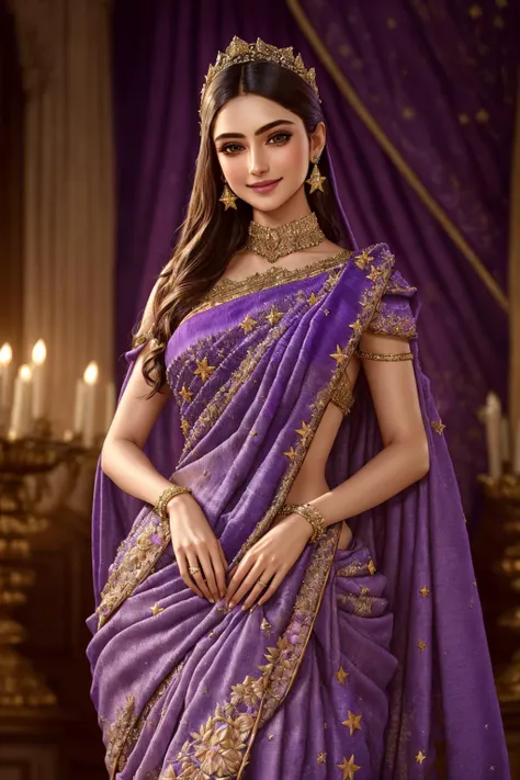 Masterpiece, absurdres, fine detail, HDR, highly detailed face and eyes, photorealistic, solo,1girl,smiling
purple fabric,wifs,(Haute_Couture:1.15), woman wearing a [Haute_Couture|wifs]_((designer dress,stars:1.1),(drape with embroidery:1.2)), cowboy shot
 <lora:LycorisIndien:0.85>