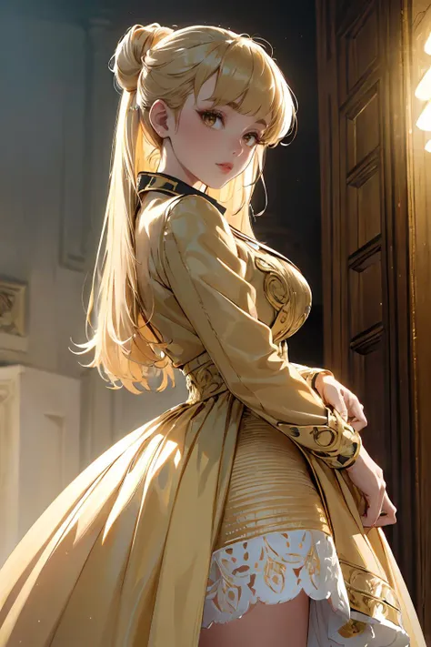 (masterpiece, best quality, highres, high resolution:1.2), extremely detailed, intricate details, 1girl, solo, looking at viewer, clamPenny, <lora:clamPenny:0.6>,  <lora:edgLycorisPreppy:0.8> Haute_Couture, designer edgHC_dress with set of edgPreppy clothes, jacket, swept bangs, tousled updo, blonde hair, brown eyes, perfect lighting, (cinematic lighting, bloom, volumetric),