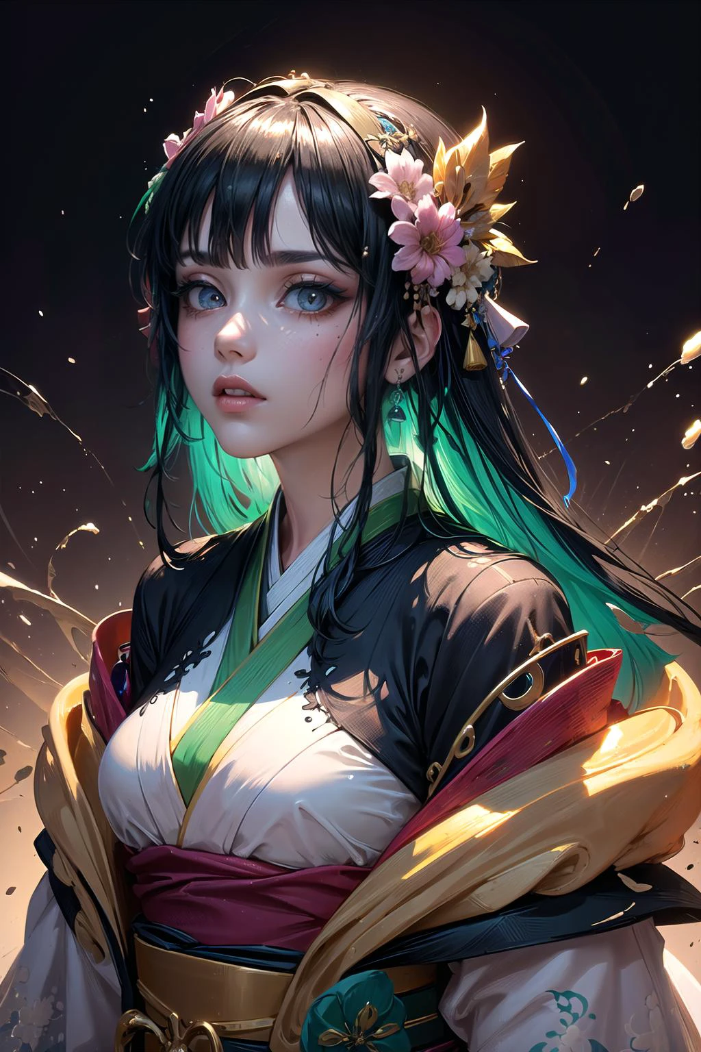 (highly detailed:1.3), 
1girl, solo, (upper body:1.2), (two-tone background:1.1), 
<lora:edgEasternFantasyCouture:1>, (wearing Haute_Couture,edgHC_dress), edgEF, wearing edgEF eastern clothing, (optimistic:1.2), ([hanfu|kimono]:1.3), 
Ultra-detail, (highres:1.1), best quality, (masterpiece:1.3), cinematic lighting, <lora:add_detail:0.5>, <lora:epi_noiseoffset2:1>, 
(highly detailed face and eyes:1.3), 
BREAK
(Explore a meltdown of colors, with dramatic and unpredictable color blends, smudges, and intermingling tones that evoke a sense of artistic chaos and fluidity:1.4), (Amber color:1.1), (Psychedelic Lemon color:1.2), (Pine Green color:1.1), 
hair flower, jewelry,