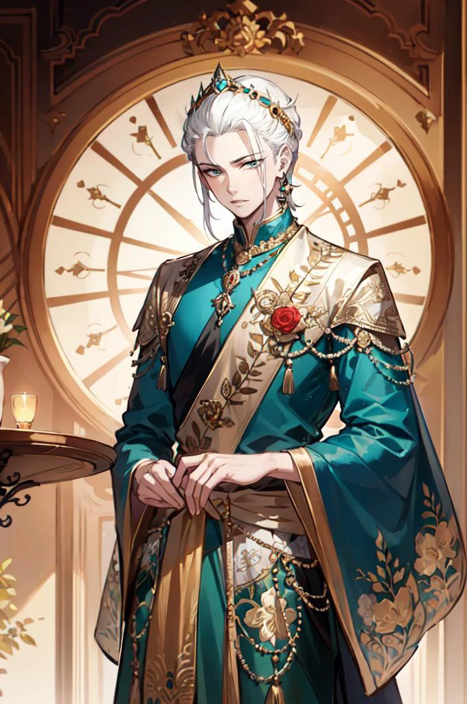 <lora:edgBollywoodLycoris:1> (Haute_Couture,edgBW fashion), edgNath, edgBW, edgNath_jewlery, cowboy shot,, ultra detailed, masterpiece, best quality, aesthetic, detailed,, solo, 1boy, teal eyes, <lora:Tsurime3:1>, (tsurime:1.2), parted bangs, white hair, medium hair, straight hair, shoulder-length hair, male focus,