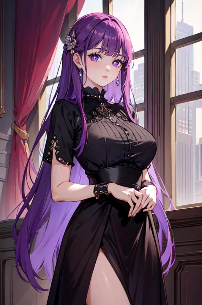<lora:edgLycorisChic:1> Haute_Couture, edgCT, chic top, designer dress, [blouse,chic top|designer dress]::0.5, cowboy shot,    <lora:Fern:0.55> FernFrieren, very long hair, purple eyes, (purple pupils),, ultra detailed, masterpiece, best quality, aesthetic, detailed,