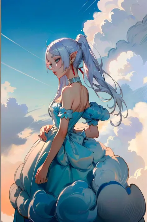 <lora:edgLycorisCloud:1> Haute_Couture, edgCloud, (wearing a Haute_Couture edgHC_dress made of clouds:1.5), <lora:Frieren:1> Frieren, twintails, earrings, ultra detailed, masterpiece, best quality, aesthetic, detailed,