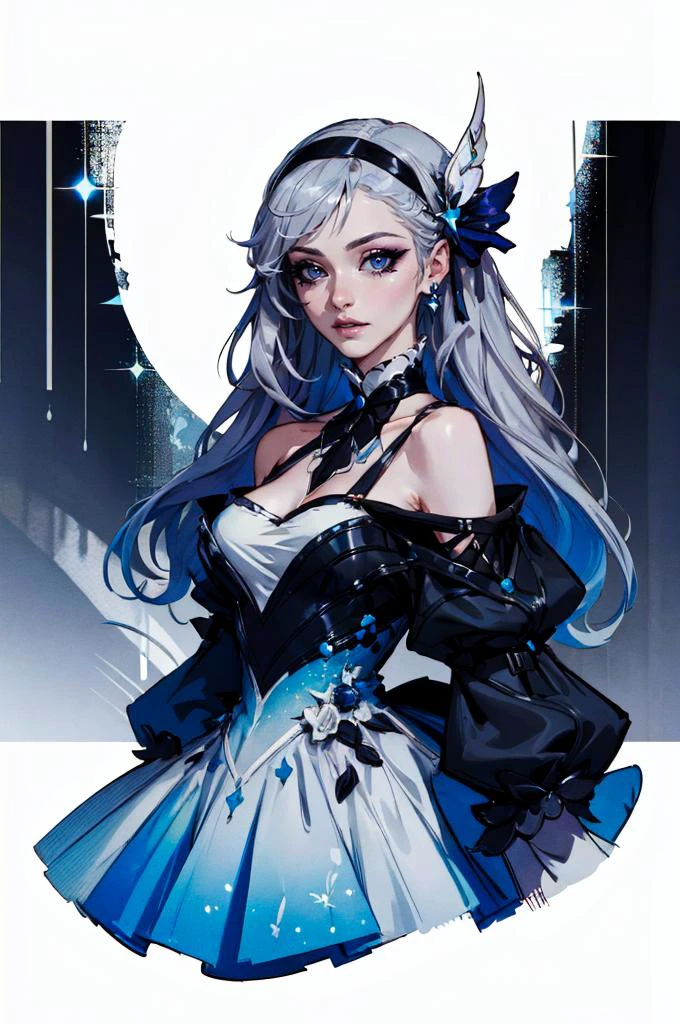 <lora:edgLycorisMugler:0.8> Haute_Couture, edgTM, edgTM_style fashion, eccentric clothing, Haute_Couture dress, wearing Haute_Couture dress, makeup, eyeshadow, <lora:firefly-v2-kozue:0.5> 1girl, blue eyes, grey hair, long hair, hair ornament, black hairband,, ultra detailed, masterpiece, best quality, aesthetic, detailed,