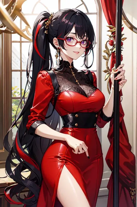 <lora:edgLycorisChic:0.8> Haute_Couture, edgCT, chic top, designer dress, [blouse,chic top|designer dress]::0.5, cowboy shot,, ultra detailed, masterpiece, best quality, aesthetic, detailed,, solo, smug smile, 1girl, purple eyes, red-framed eyewear, (black hair, red colored tips:1.2), red streaked hair, very long hair, side ponytail, tied hair, medium breasts,