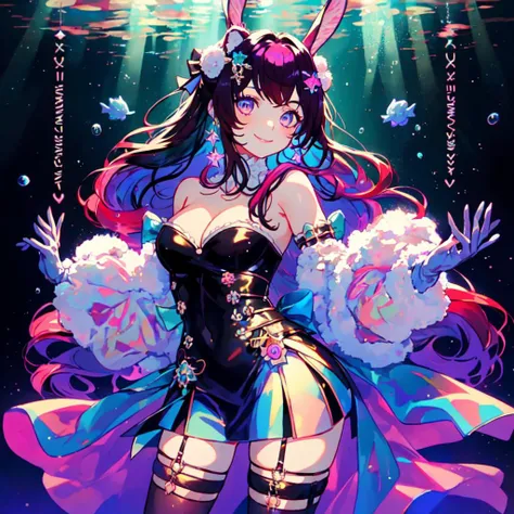 best quality, masterpiece, 1girl, solo, looking at viewer, smile, standing, cowboy shot, sangonomiya kokomi cosplay costume, sangonomiya kokomi, genshin impact, cosplay, alternate costume, pink hair, gradient hair, multicolored hair, long hair, dress, off-shoulder dress, frilled dress, frills, bow, detached collar, detached sleeves, dress bow, bare shoulders, fake animal ears, animal ears, rabbit ears, hair ornament,skindentation, cleavage,  gloves, white gloves, thighhighs, seafloor, underwater city, underwater,  <lora:Neon_Dreams:0.9> Neon Dreams <lora:edgLycorisPreppy:0.8> Haute_Couture, designer edgHC_dress with set of edgPreppy clothes, get creative with clothing related words or take inspiration from the prompts