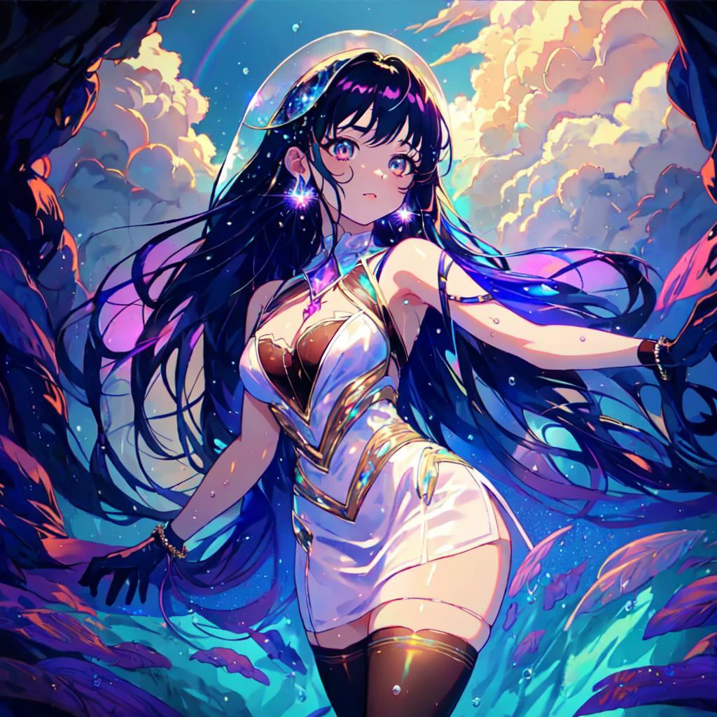 Kyoto Animation stylized anime mixed with 2d video game design~ A woman in an underwater fantasy world. Cinematic Lighting, ethereal light, intricate details, extremely detailed, incredible details, full colored, complex details, insanely detailed and intricate, hypermaximalist, extremely detailed with rich colors. masterpiece, best quality, aerial view, HDR, UHD, unreal engine. plump looking at the camera, smooth thighs, (glittery jewelry) ((acrylic illustration, by artgerm, by kawacy, by John Singer Sargenti) dark Fantasy background, glittery jewelry, Representative, fair skin, beautiful face, Rich in details High quality, gorgeous, glamorous, 8k, super detail, gorgeous light and shadow, detailed decoration, detailed lines ,skindentation, cleavage, gloves, white gloves, thighhighs, seafloor, underwater city, underwater, <lora:Neon_Dreams:0.9> Neon Dreams <lora:edgLycorisPreppy:0.8> Haute_Couture, designer edgHC_dress with set of edgPreppy clothes, ethereal glitter, ethereal starfield, ethereal nebula and clouds, colorful rain, vivid colors, psychadelic colors, neon colors, ethereal lightning horizon, ethereal color particles, rainbow colors, decorative, intricate, embroidery, depth of field, high quality, masterpiece, Haute_Couture, designer edgHC_dress with set of edgPreppy clothes, 1girl, slender body, medium breasts, crystal clear eyes, long hair, crystal jewelry, transparent dress, see trough dress, transparent hair, wet body, water droplets on dress,