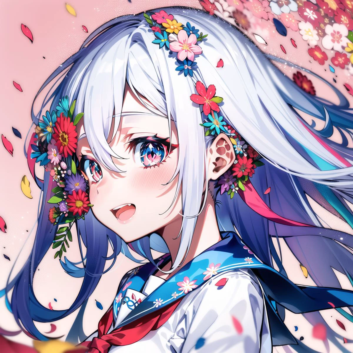 {best quality}, {{masterpiece}}, {highres}, original, {an extremely delicate and beautiful}, upper body,close-up, 1girl, assisted exposure, double exposure, (mika pikazo), (profile), solo, heterochromia, colorful,
(multicolored hair:1.5), (white hair:1.3), smile, looking at viewer, (facing viewer:2.0), pink eyes, (multicolored eyes:1.5), glowing eyes, + +, sparkling eyes, long hair, (blue hair), (red hair), purple hair, shiny hair, messy hair, floating hair, hair between eyes, light blush, open mouth,
small breasts, sailor collar, school uniform, sailor dress, white shirt, red bow,
(petals), (floral print),floral print, red flower, white flower, pink flower, purple flower,
(floral background:1.3),
