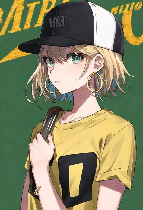 mika pikazo, masterpiece, best quality, 1girl, aqua eyes, baseball cap, blonde hair, closed mouth, earrings, green background, hat, hoop earrings, jewelry, looking at viewer, shirt, short hair, simple background, solo, upper body, yellow shirt
<lora:mika_pikazo:0.6>