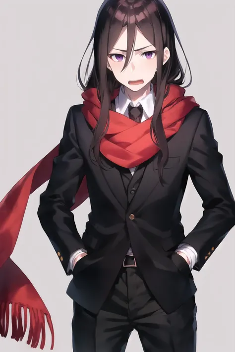 mika pikazo, 1boy, bangs, bishounen, black gloves, black hair, black pants, black shirt, brown hair, cheekbones, collared shirt, cowboy shot, formal, gloves, grey background, hair between eyes, hand in pocket, long hair, looking at viewer, male focus, open mouth, pants, purple eyes, red scarf, scarf, shirt, sidelocks, simple background, stole, suit, wing collar, lord el-melloi ii, waver velvet
<lora:mika_pikazo:0.65>