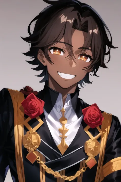 mika pikazo, fogado \(fire emblem\), 1boy, bangs, brown eyes, brown hair, dark-skinned male, dark skin, feather collar, feathers, flower, gloves, grin, long sleeves, looking at viewer, parted bangs, red flower, red rose, rose, shirt, short hair, smile, solo, star (symbol), symbol-shaped pupils, teeth, very dark skin, fire emblem
<lora:mika_pikazo:0.65>