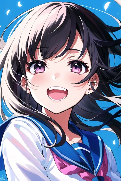 mika pikazo, 1girl, black hair, blue background, blue sailor collar, floating hair, light blush, light particles, long hair, open mouth, pink eyes, portrait, sailor collar, school uniform, serafuku, signature, smile, solo, teeth
<lora:mika_pikazo:0.65>