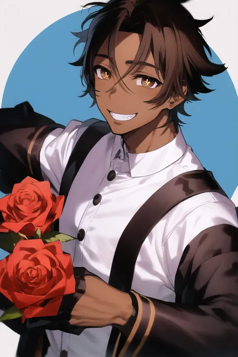mika pikazo, fogado \(fire emblem\), 1boy, bangs, brown eyes, brown hair, dark-skinned male, dark skin, feather collar, feathers, flower, gloves, grin, long sleeves, looking at viewer, parted bangs, red flower, red rose, rose, shirt, short hair, smile, solo, star (symbol), symbol-shaped pupils, teeth, very dark skin, fire emblem
<lora:mika_pikazo:0.65>