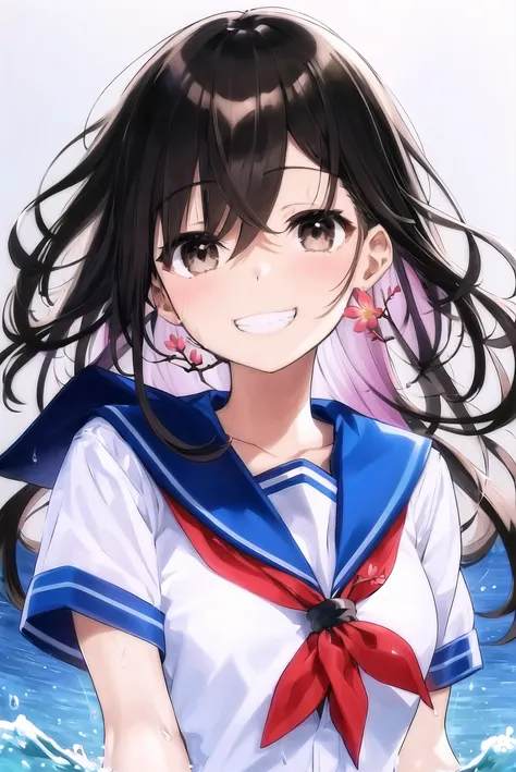 mika pikazo, original, 1girl, bangs, black hair, blue sailor collar, bow, branch, brown eyes, egasumi, flower, grin, hair between eyes, looking at viewer, multicolored hair, pink flower, red bow, sailor collar, shirt, short sleeves, smile, solo, upper body, water, white shirt

<lora:mika_pikazo:0.65>