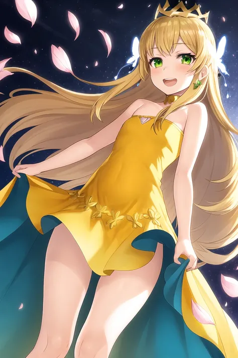 mika pikazo, celine \(fire emblem\), 1girl, bangs, bare shoulders, blonde hair, butterfly hair ornament, crown, dress, flat chest, flower, green eyes, hair ornament, layered dress, long hair, looking at viewer, open mouth, petals, princess, smile, solo, teeth, thighs, very long hair, yellow dress

<lora:mika_pikazo:0.6>