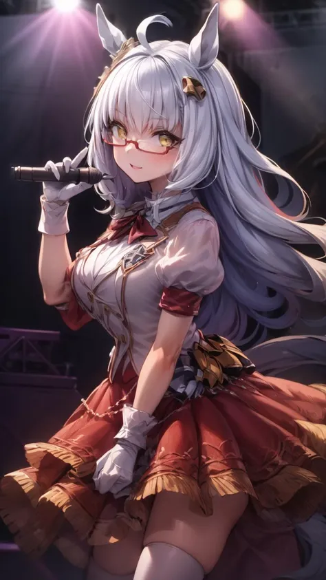 <lora:add_detail:0.8>,
(8k, masterpiece, best quality, high resolution, super fine illustration:1.2), (beautiful detailed eyes:1.2),
1girl, solo, cowboy shot, smile, (stage, stage lights, on stage, concert, glowstick, idol, screen, spotlight:1.3),
BREAK
<lora:hayahide_locon_v01:1> hayahide,
(semi-rimless eyewear, under-rim eyewear, red-framed eyewear:1.1),
large breasts, berry long hair, white hair, yellow eyes, horse ears, (gold ear ornament:1.1), horse tail, ahoge,
<lora:New Stars Rose:0.8:lbw=ware> (New Stars Rose), short sleeves, white gloves, puffy sleeves,
white jacket, cropped jacket, white thighhighs, red skirt, white skirt, pleated skirt, white footwear,
white shirt, white dress, brooch, bowtie, red bow, wrist cuffs, button badge,
