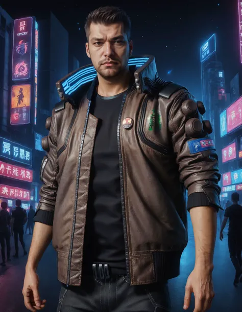 Advertising poster style a man wearing a brown cyberpunk Samurai jacket, looking at viewer, black jeans, black shirt, standing in a busy city street, sleeves up, night, night sky, large cityscape, neon signs, highly detailed, professional, 4k, <lora:CyberpunkSamuraiJacketSDXL:0.75> . Professional, modern, product-focused, commercial, eye-catching, highly detailed