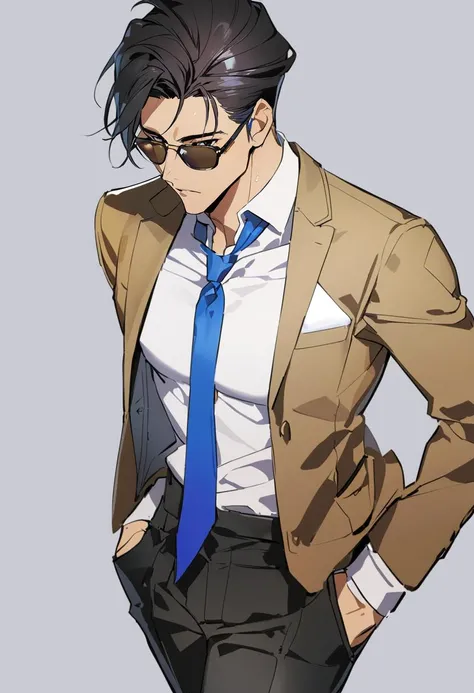 masterpiece, best quality, <lora:yoneyamaiXL_V1:1.0>, 1boy, male focus, blue necktie, shirt, solo, crypto \(apex legends\), pants, white shirt, necktie, black hair, black pants, jacket, sunglasses, grey background, collared shirt, simple background, short hair, hands in pockets, black eyes, dress shirt